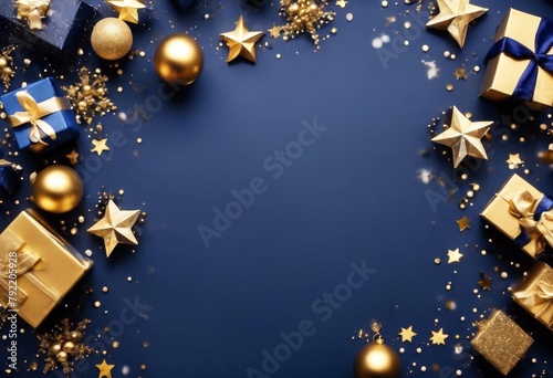 'gift design stars blue copy confetti balls boxes dark flat space background Christmas lay gold composition box star ball template decoration merry festive'