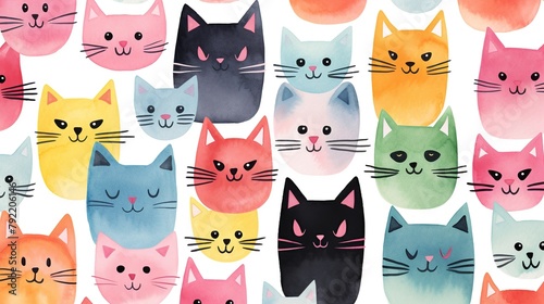 Cute cat seamless pattern in hand drawn style watercolor isolated on white background. Cat poster concept.
