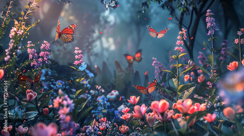 A vibrant scene of wildflowers blooming in a meadow, with butterflies flitting among them photo