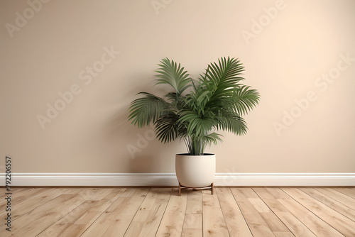 Empty room interior background, beige wall, pot with plant, wooden flooring 3d rendering