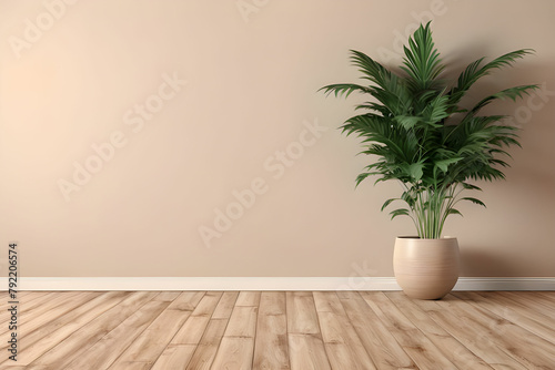Empty room interior background  beige wall  pot with plant  wooden flooring 3d rendering. Room with green plant