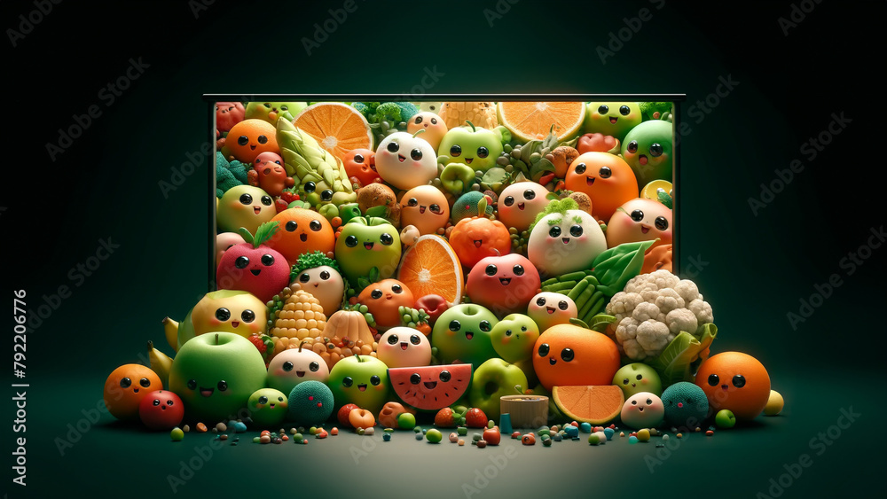A colorful image of fruits and vegetables with cartoon faces. Scene is cheerful and playful A colorful image of fruits and vegetables with cartoon faces. Scene is cheerful and playful