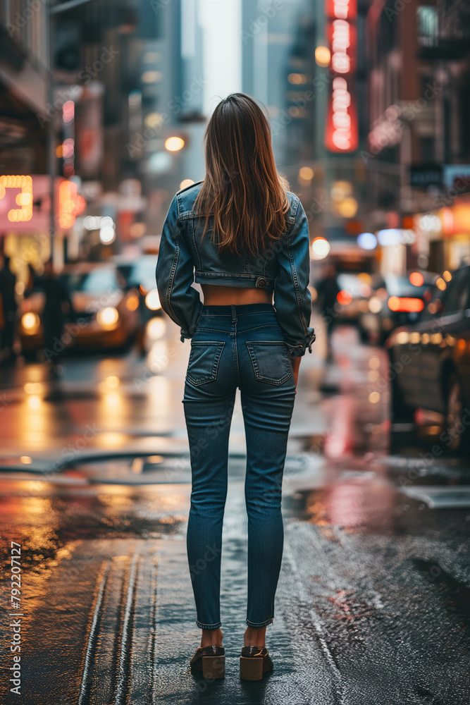 Back view of Young beautiful brunette woman in jeans and jacket walking ...