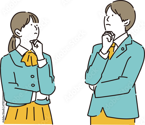 上を向いて考えている男女の学生イラスト