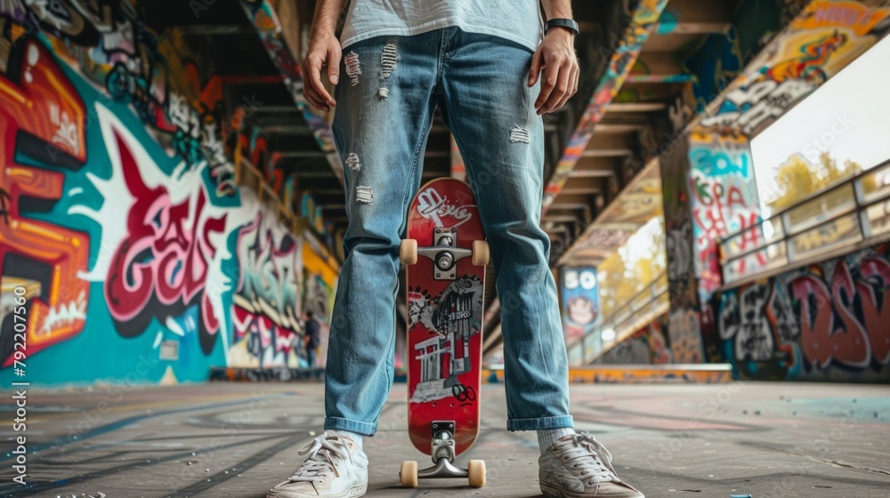 Obraz premium Skateboarder legs on street with graffiti