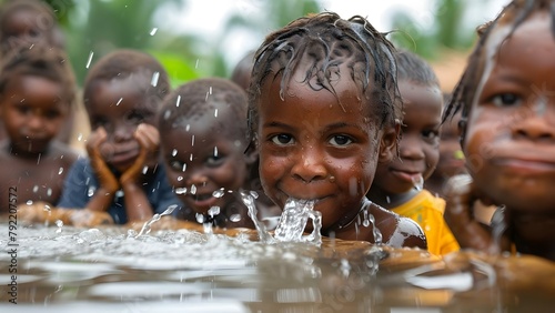 African children gather at a village water station to drink and hydrate. Concept Childhood, Water, African Village, Community, Hydration © Ян Заболотний