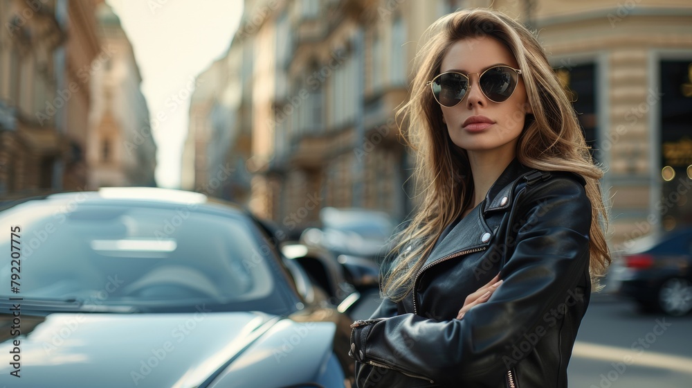 Fototapeta premium Outdoor lifestyle portrait of amazing glamorous luxury woman posing in city center. Elegant classic clothes in white and black colors. Sensual smile, stunning face. Soft colors.