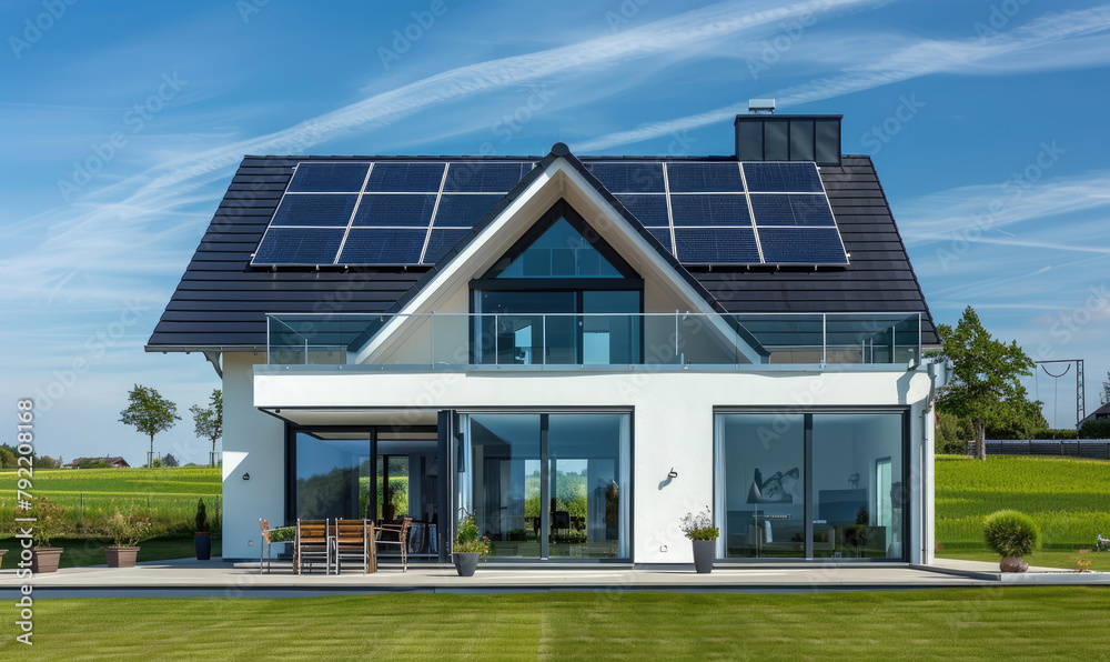 A, eco-friendly house with solar panels on it