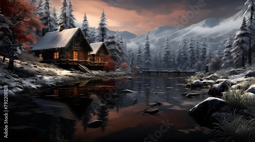 Beautiful winter landscape with a wooden house on the bank of a mountain river © Iman