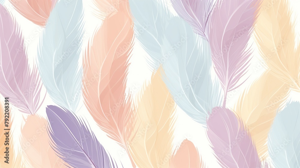 Soft bird feathers seamless pattern in hand drawn style pastel colors isolated on white background. Soft bird feathers seamless pattern in hand drawn style pastel colors isolated on white background.