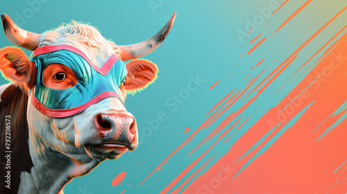 Portrait of a cow wearing a blue luchador mask on pastel orange and blue background.