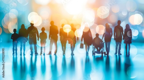 Blurry silhouettes of healthcare providers administering care to a diverse group of patients highlighting the inclusive nature of their support for communities in need. . photo