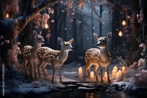 Three deer in the winter forest with candles and snowfall. 3d rendering © Iman