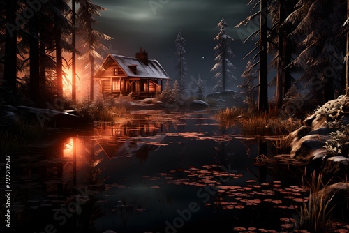 Fantastic winter landscape in the forest at night with a house on the water
