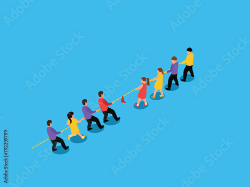 Teenagers playing Tug of War 3d isometric