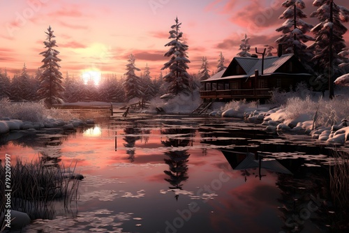 Beautiful winter landscape with frozen lake and wooden house at sunset. © Iman