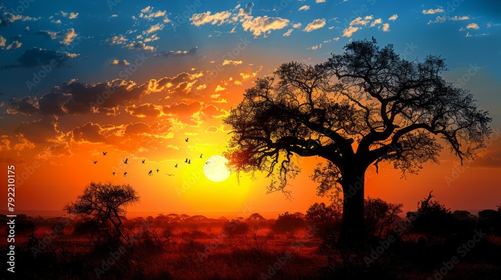 Majestic giraffe towering over a sprawling baobab tree under the vibrant hues of an African sunset