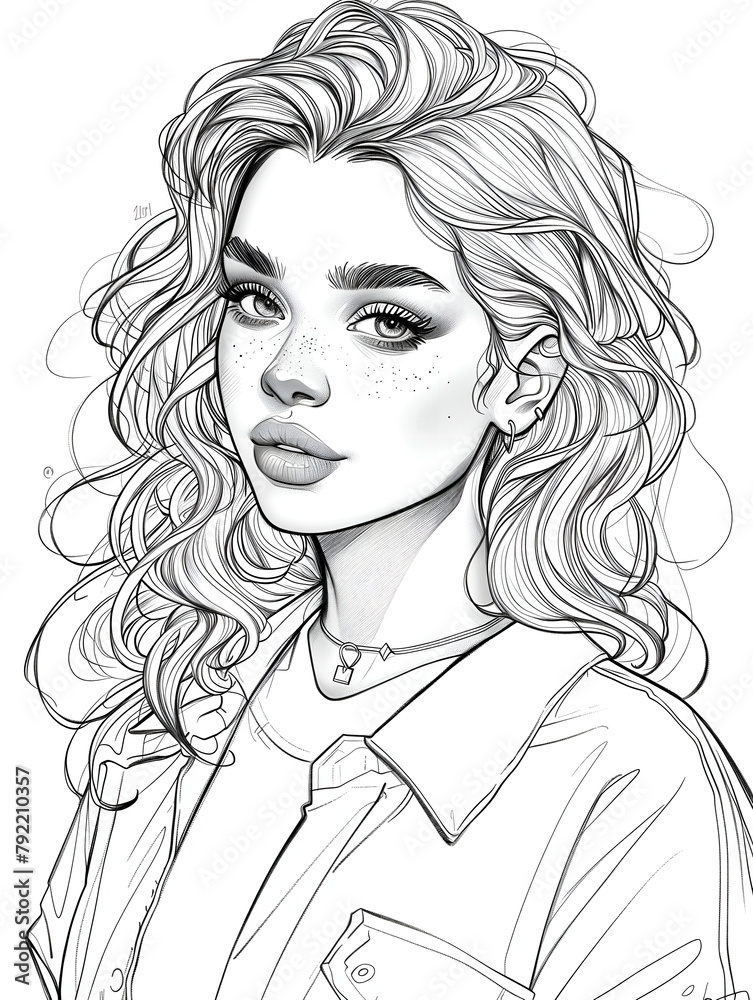 Coloring page of a beautiful woman with curly hair posing