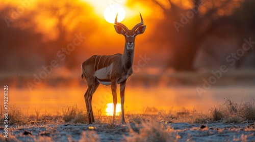 The majestic Southern Eland, bathed in the golden hues of a setting sun, graces the sprawling savanna of Mana Pools National Park, Zimbabwe. photo