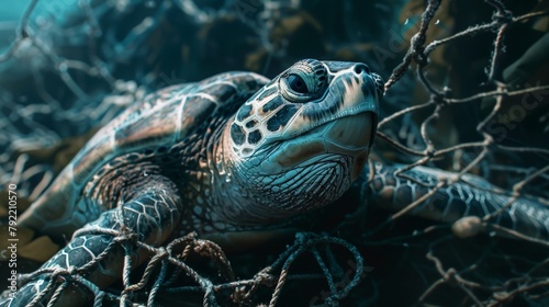 Close-up of a sea turtle entangled in fishing nets, illustrating the threat of bycatch and unsustainable fishing practices © Prakakrong