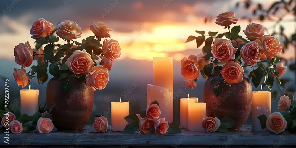 Elegant Peach Roses Arrangement in Brown Vases with White Candles
