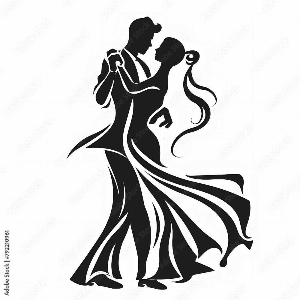 Simple logo in black and white of a couple dancing.