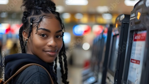 African American woman using selfservice station to register for boarding pass. Concept Airline check-in, Self-service station, Boarding pass, African American woman, Travel accommodations