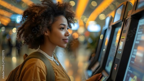 African American woman utilizing self-service station to obtain boarding pass. Concept Travel, Self-Service Station, Boarding Pass, African American, Convenience photo