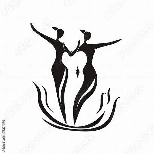 Simple logo in black and white of two people dancing.