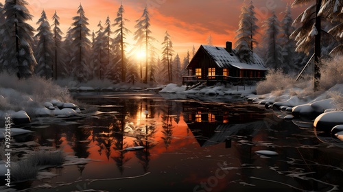 A panoramic image of a wooden house in the middle of a frozen river at sunset © Iman