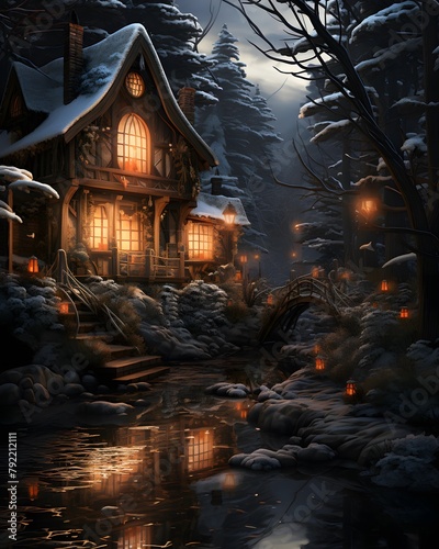 Winter night in the forest. Wooden house in the winter forest.
