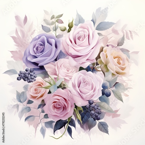 Vintage floral bouquet with roses, leaves and berries in pastel colors