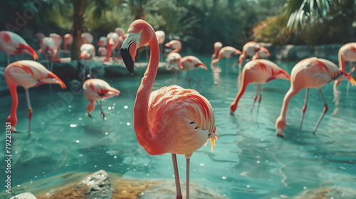 A pink flamingos wade gracefully in a shallow lake  wildlife animal in nature