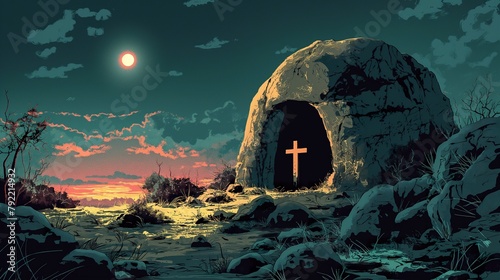 Atmospheric black and white illustration of the empty tomb of Jesus Christ under a full moon, symbolizing the resurrection, serene and powerful. photo