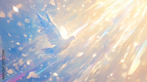 dove in flight, glowing amidst watercolor hues, embodying peace, ample copy space, vector." © TEERAPONG
