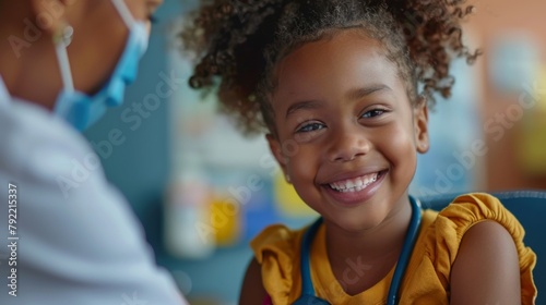 Joyful young girl smiling during a medical consultation, exemplifying positive healthcare experiences for children. photo