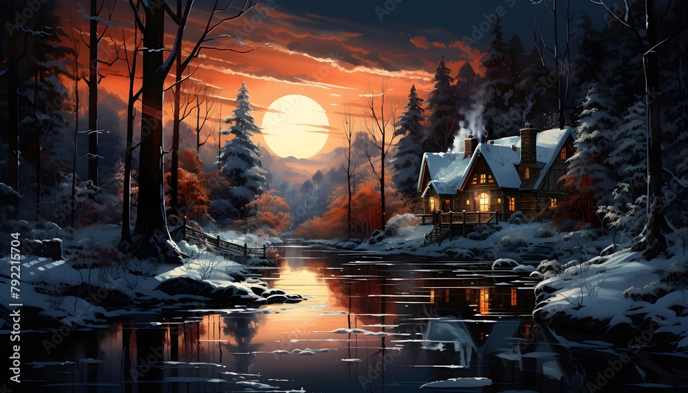 Winter landscape with a house on the shore of the lake at sunset