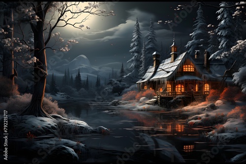 Fantasy winter landscape with a house in the forest. 3d illustration