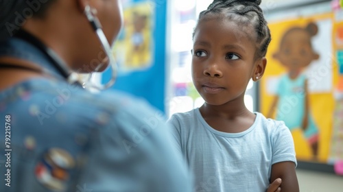 An African American child and a parent stand before an educational poster about vaccination, the parent pointing and explaining its importance. photo