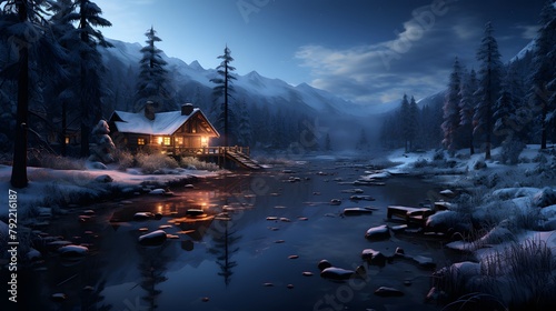 Beautiful winter landscape with a mountain river and a wooden house at night