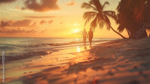 A blurred background of a soft sandy beach with palm trees swaying in the breeze and a couple enjoying a quiet sunset walk evoking a sense of tropical holiday romance. .