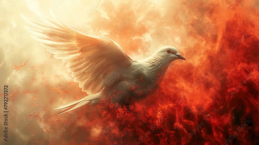 Obraz premium dove flies with grace amid intense flames, embodying peace overcoming conflict, a compelling narrative.