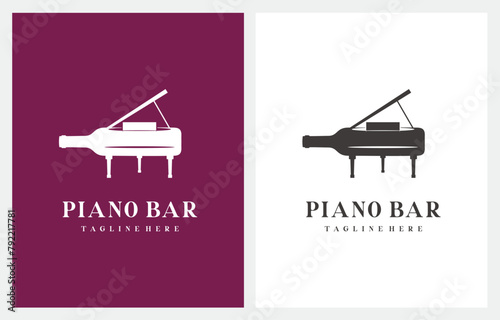 Piano Wine Music Bar concept logo design vector sign illustration template
