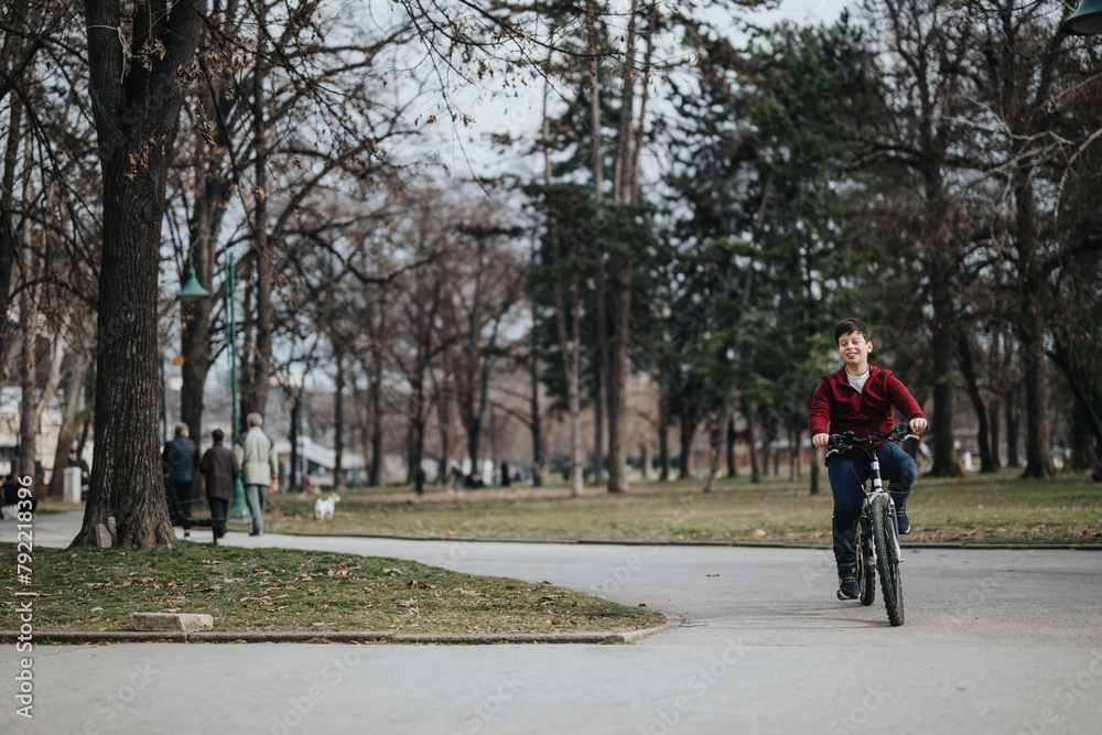 A carefree young boy rides his bicycle along a path in a green city park, embodying freedom and happiness.