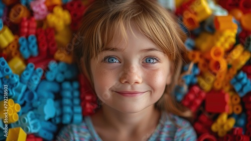 happy child's face surrounded by colorful toys and building blocks
