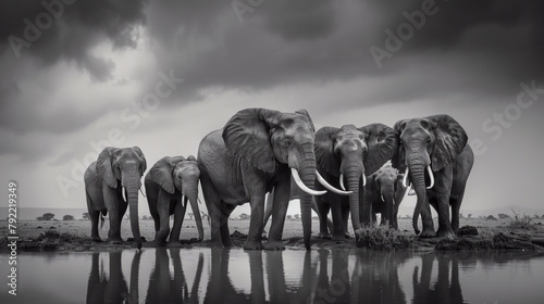 A group of African elephant nearing a water pool in savanna vast field, black and white photography.