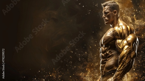 Gold glitter on bodybuilder man body. Web banner male on the left, dark background