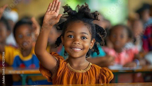 African student raises hand in classroom learning with classmates smiling diverse. Concept Education, Diversity, Student Life, Classroom, African Culture photo