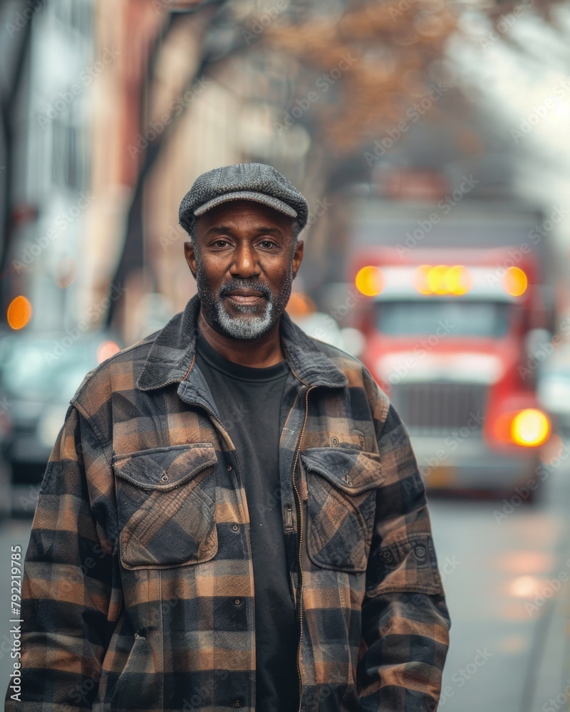 Portrait of african american truck driver in front of his car. Portrait of african american truck driver in front of his car.