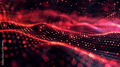 surface grid with depth of field and bokeh. Particles form line and surface grid with depth of field. Abstract background with red particles